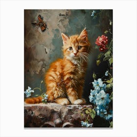 Kitten With Flowers & Butterflies Rococo Inspired Canvas Print