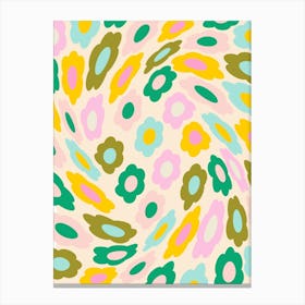 Retro Wavy Floral Aesthetic Trippy Abstract Spring Flowers in Pastel Pink Yellow and Green Canvas Print