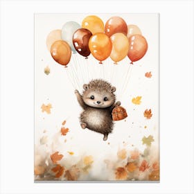 Hedgehog Flying With Autumn Fall Pumpkins And Balloons Watercolour Nursery 4 Canvas Print