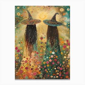 Best Friend Witches Watch the Summer Solstice | Pagan Litha Art | Colorful Witch Print | Botanical Green Witchcraft | Flowers Sunshine Beautiful Canvas Print