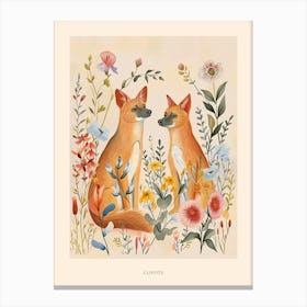 Folksy Floral Animal Drawing Coyote Poster Canvas Print