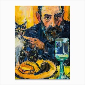 Portrait Of A Man With Cats Having Dinner 2 Canvas Print