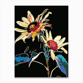 Neon Flowers On Black Sunflower 4 Canvas Print