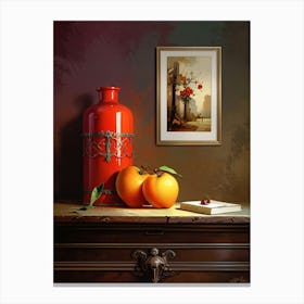 Red Vase And Oranges Canvas Print