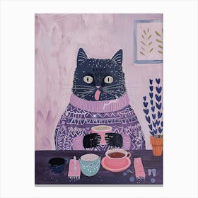 Grey Cat Having Breakfast Folk Illustration 2 Canvas Print