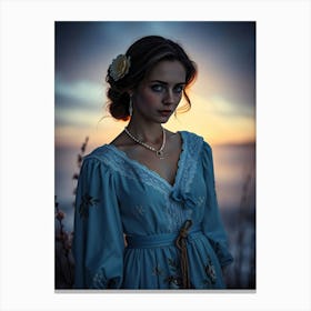 Country Beauty In Blue Dress At Morning - Diverse Art Illustration 53 Canvas Print