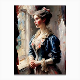 Lady By The Window, winter, castle,a breathtaking landscape scenery,multilayer view,enchanted stunning visually,dark influenza,ink v3,oil on linen ,oil on canvas,hyperrealism, artistic masterwork,perfect painting,soft color,inspired by wadim kashin,jeremy mann Canvas Print