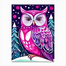 Pink Owl Snowy Landscape Painting (46) Canvas Print