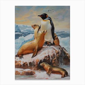 Adlie Penguin Sea Lion Island Oil Painting 4 Canvas Print