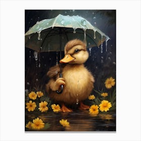 Duck With An Umbrella & Flowers Painting 1 Canvas Print