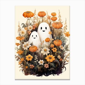 Cute Bedsheet Ghost, Botanical Halloween Watercolour 69 Canvas Print