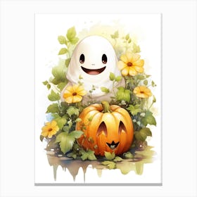 Cute Ghost With Pumpkins Halloween Watercolour 45 Canvas Print