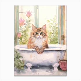 Turkish Cat In Bathtub Botanical Bathroom 1 Canvas Print