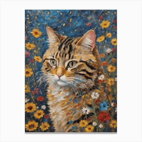 Klimt Style Wild Tabby Cat in Garden Flowers Painting - Gustav Klimt Money Waterlillies Acrylic Feature Gallery Wall HD Canvas Print