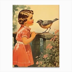 Vintage Retro Kids With Bird Illustration Kitsch 5 Canvas Print