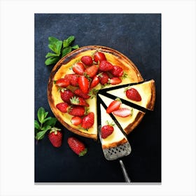 Vanilla cheesecake with strawberries — Food kitchen poster/blackboard, photo art Canvas Print