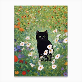 Flower Garden And A Black Cat, Inspired By Klimt 6 Canvas Print