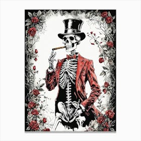 Floral Skeleton With Hat Ink Painting (2) Canvas Print