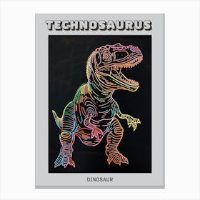 Neon Rainbow Dinosaur Line Illustration With Black Background 1 Poster Canvas Print