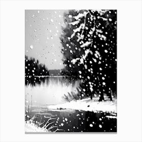 Snowflakes Falling By A Lake, Snowflakes, Black & White 3 Canvas Print