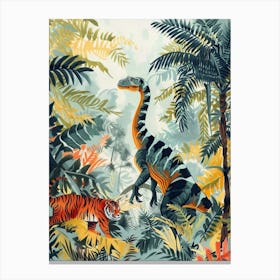 Dinosaur And A Tiger In A Tropical Rainforest Canvas Print