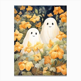 Cute Bedsheet Ghost, Botanical Halloween Watercolour 140 Canvas Print