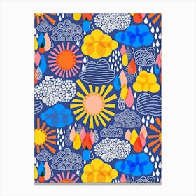 Navy Blue Weather Forecast Abstract Sun, Rain, and Clouds Kids Canvas Print