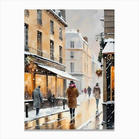 Paris cafes, winter season, Christmas, autumn oil colors, pale colors, pedestrians in the street, winter clothes, falling snow.Christmas decorations.7 Canvas Print