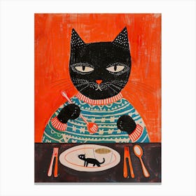 Black And Orange Cat Having Breakfast Folk Illustration 3 Canvas Print