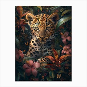 A Happy Front faced Leopard Cub In Tropical Flowers 3 Canvas Print