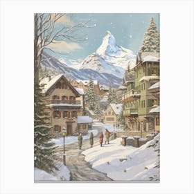 Vintage Winter Illustration Zermatt Switzerland 4 Canvas Print