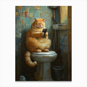 Cat Texting Using Mobile in Toilet Canvas Print