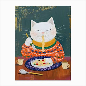 Cute White Cat Pasta Lover Folk Illustration 2 Canvas Print