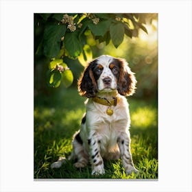 English Spaniel Puppy Radiating Adorableness Wearing A Shimmering Gold Collar Perched On A Lush G Canvas Print