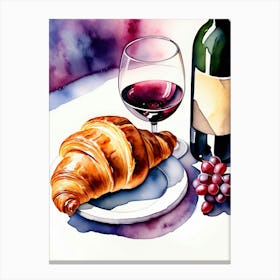 Croissant and Wine watercolor painting 7 Canvas Print