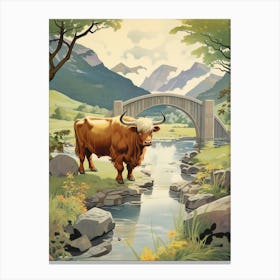 Highland Cow With A Bridge In The Distance Canvas Print