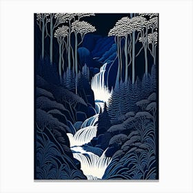 Waterfalls In Forest Water Landscapes Waterscape Linocut 1 Canvas Print