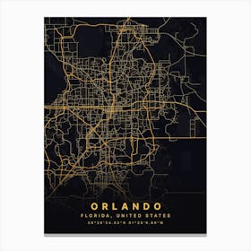 Orlando Florida Usa Black And Gold Map Canvas Print