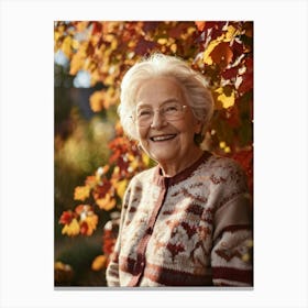 Elderly Woman Smiles Surrounded By A Vibrant Array Of Fall Foliage Golden And Crimson Leaves Frame (1) Canvas Print