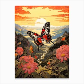 Butterfly With Mountaneous Landscape Japanese Style Painting 1 Canvas Print