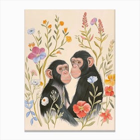 Folksy Floral Animal Drawing Chimpanzee 3 Canvas Print