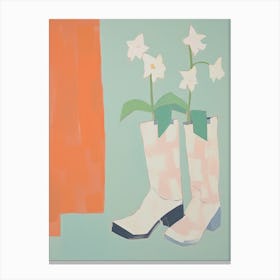 A Painting Of Cowboy Boots With Daisies Flowers, Pop Art Style 4 Canvas Print