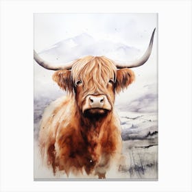 Foggy Highland Watercolour Cow 3 Canvas Print
