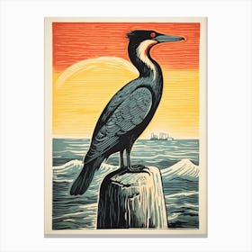 Vintage Bird Linocut Cormorant 1 Canvas Print
