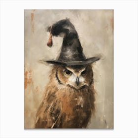 Cute Halloween Owl Beige Painting With Witch Hat Canvas Print