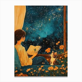 Girl Reading Book with Her Cat 2 Canvas Print