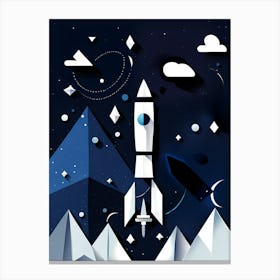 Space Rocket, Rocket blasting off over mountains and stars, Rocket wall art, Children’s nursery illustration, Kids' room decor, Sci-fi adventure wall decor, playroom wall decal, minimalistic vector, dreamy gift 220 Canvas Print