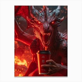 Red Dragon In A State Of Fury Sharply Glaring At The Camera Grasping A Coffee Cup Amidst A Fantas Canvas Print