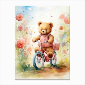 Cycling Teddy Bear Painting Watercolour 4 Canvas Print