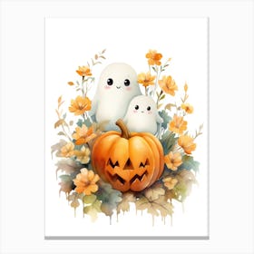 Cute Ghost With Pumpkins Halloween Watercolour 96 Canvas Print